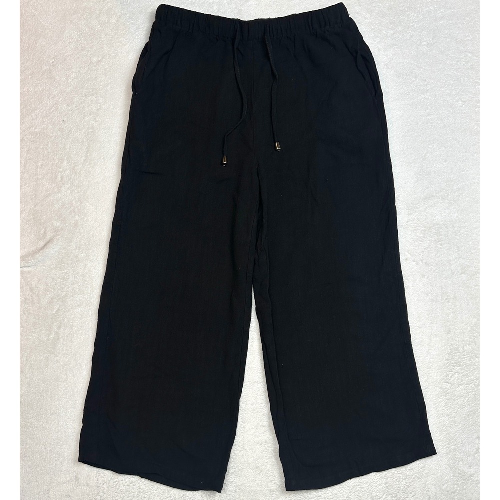 Zesica Black Wide Leg Cropped Pants‎ Elastic Drawstring Waist Pockets Medium